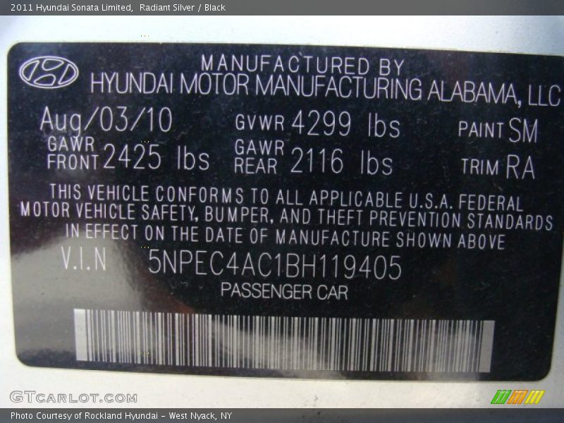 Radiant Silver / Black 2011 Hyundai Sonata Limited