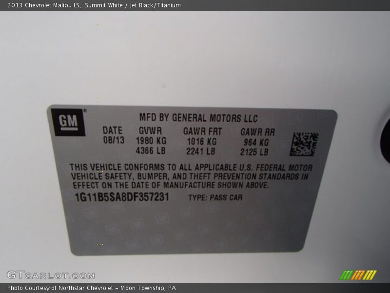 Summit White / Jet Black/Titanium 2013 Chevrolet Malibu LS
