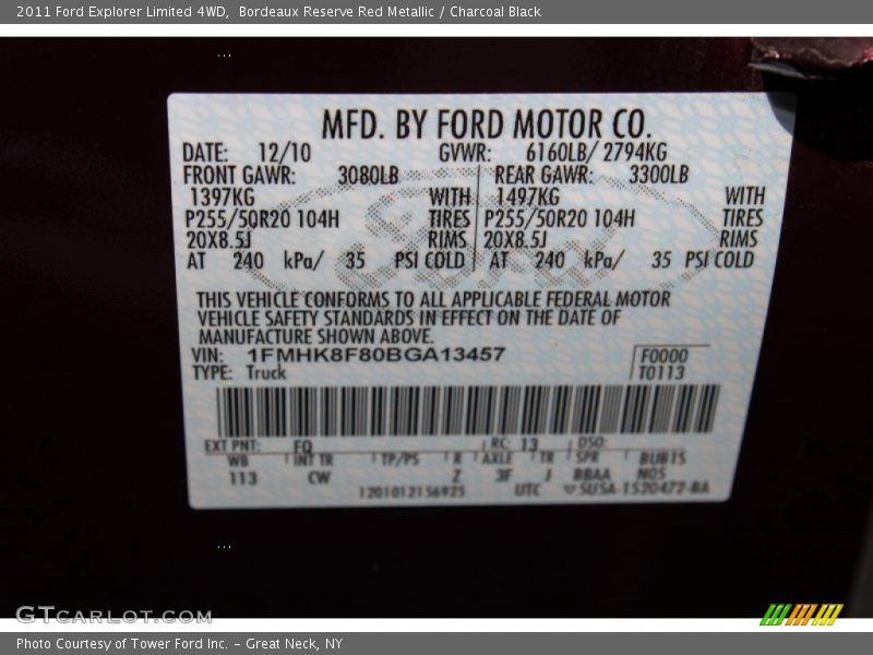 Bordeaux Reserve Red Metallic / Charcoal Black 2011 Ford Explorer Limited 4WD