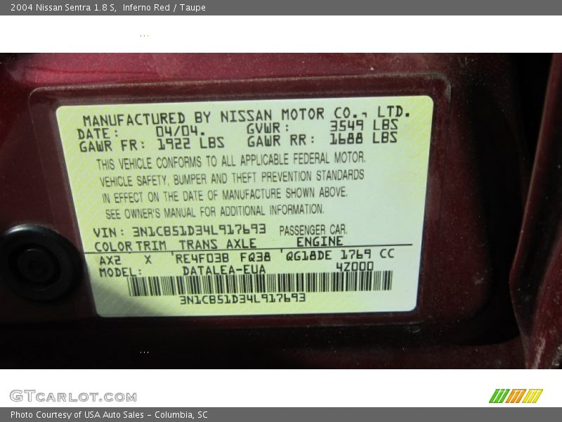 Inferno Red / Taupe 2004 Nissan Sentra 1.8 S