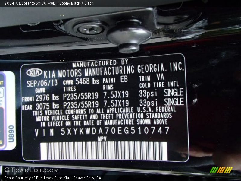 2014 Sorento SX V6 AWD Ebony Black Color Code EB