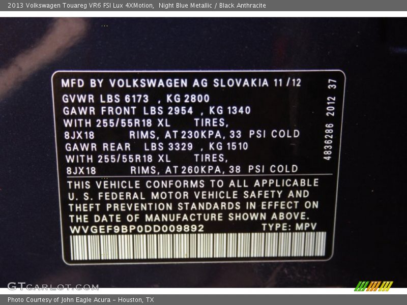 Night Blue Metallic / Black Anthracite 2013 Volkswagen Touareg VR6 FSI Lux 4XMotion