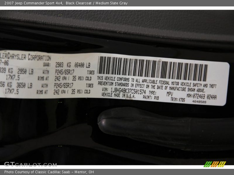 2007 Commander Sport 4x4 Black Clearcoat Color Code PX8