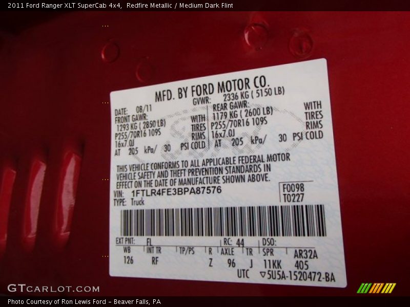Redfire Metallic / Medium Dark Flint 2011 Ford Ranger XLT SuperCab 4x4