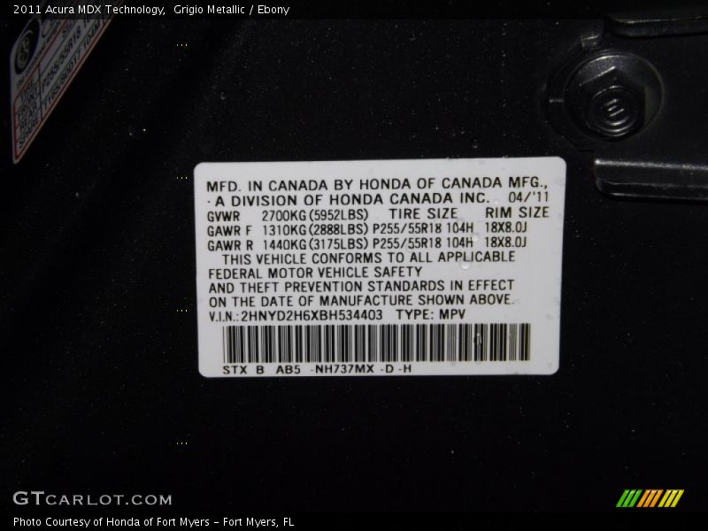 Grigio Metallic / Ebony 2011 Acura MDX Technology