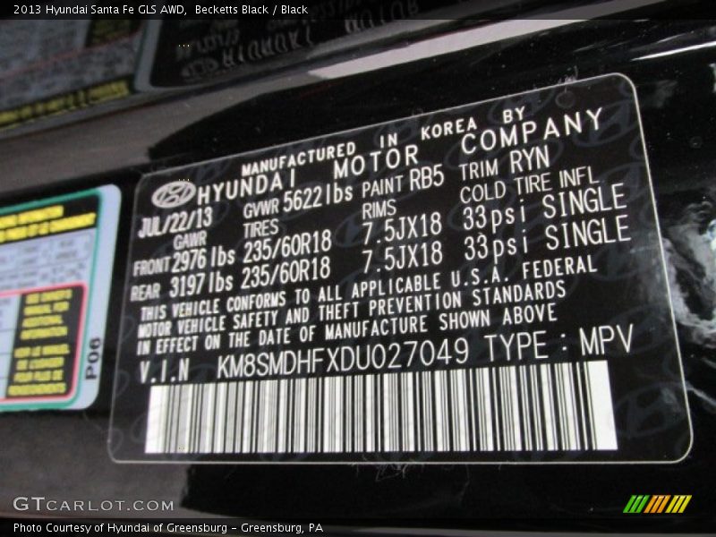 2013 Santa Fe GLS AWD Becketts Black Color Code RB5