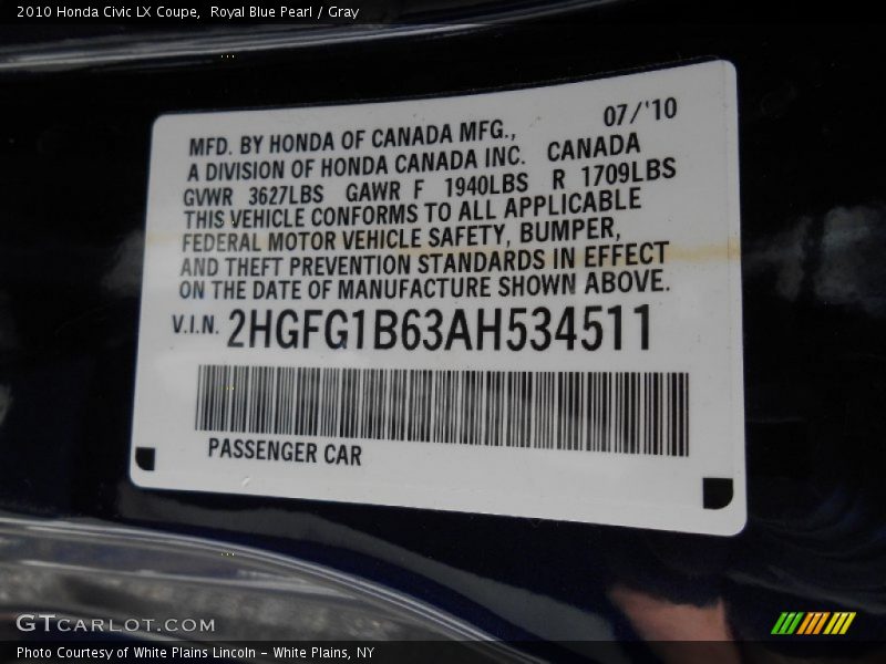 Royal Blue Pearl / Gray 2010 Honda Civic LX Coupe