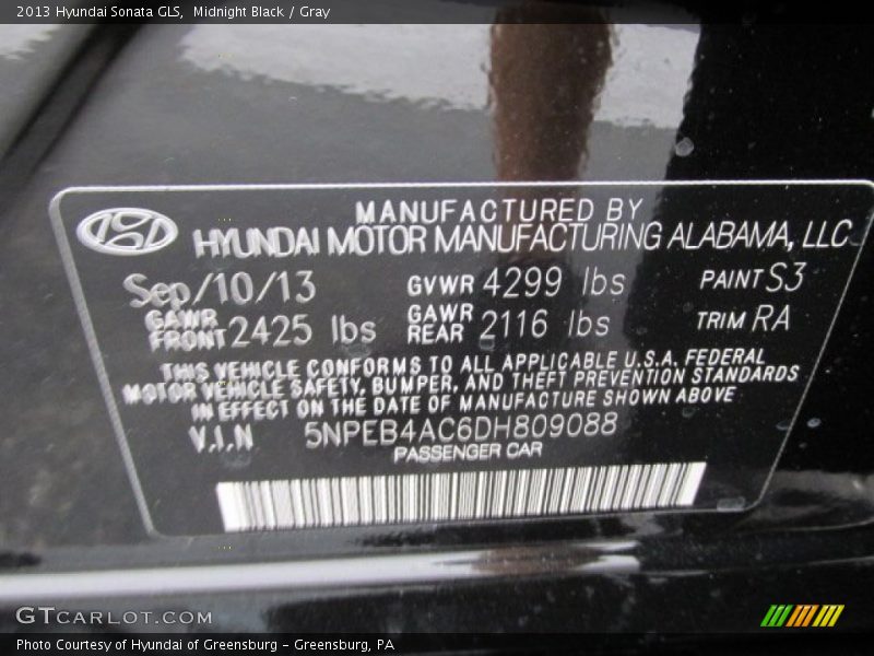 Midnight Black / Gray 2013 Hyundai Sonata GLS