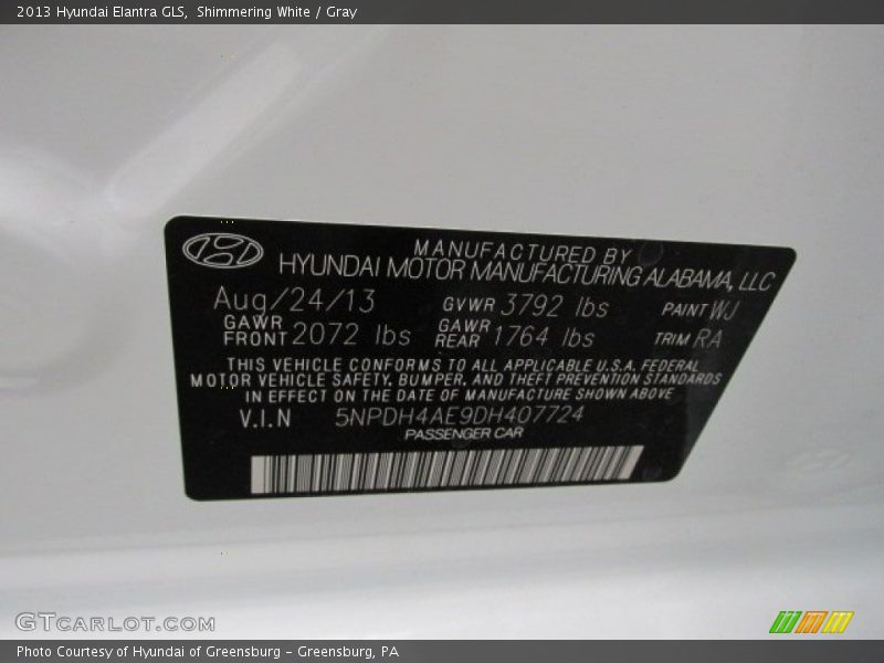 Shimmering White / Gray 2013 Hyundai Elantra GLS