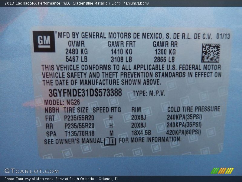 Glacier Blue Metallic / Light Titanium/Ebony 2013 Cadillac SRX Performance FWD