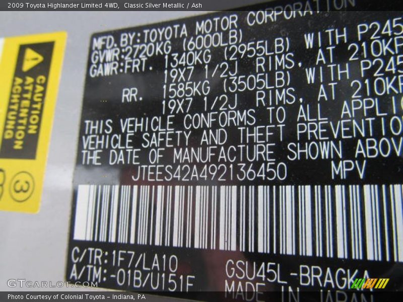 Classic Silver Metallic / Ash 2009 Toyota Highlander Limited 4WD