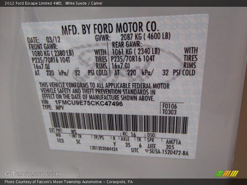 White Suede / Camel 2012 Ford Escape Limited 4WD