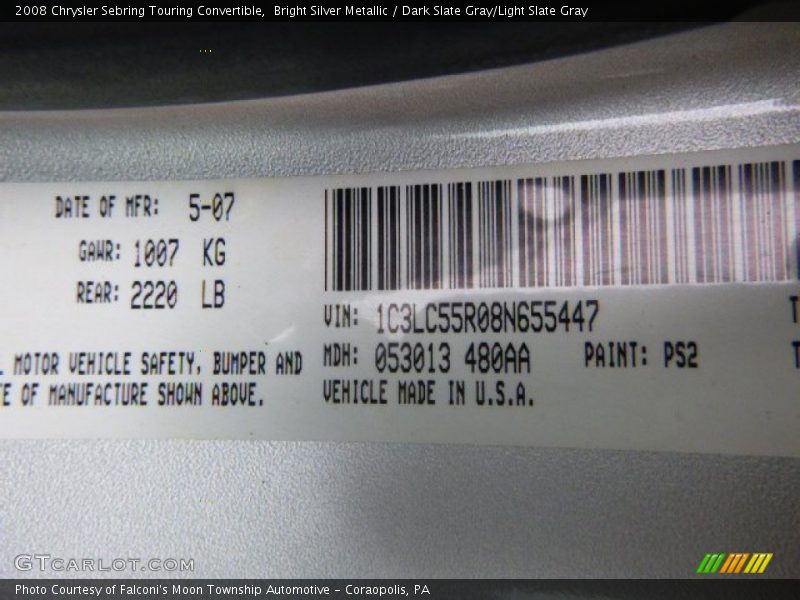 Bright Silver Metallic / Dark Slate Gray/Light Slate Gray 2008 Chrysler Sebring Touring Convertible