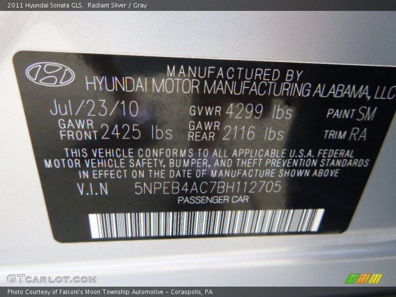 Radiant Silver / Gray 2011 Hyundai Sonata GLS