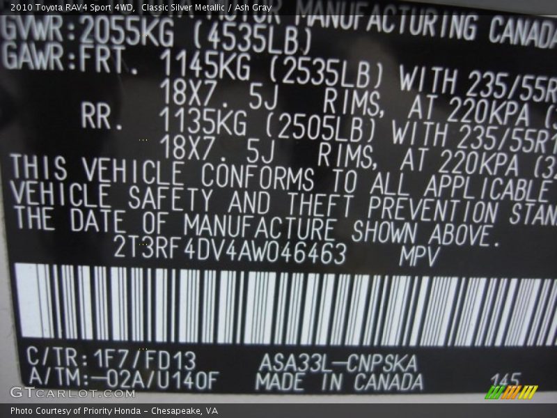 Classic Silver Metallic / Ash Gray 2010 Toyota RAV4 Sport 4WD