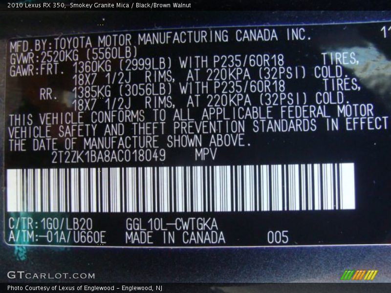 Smokey Granite Mica / Black/Brown Walnut 2010 Lexus RX 350