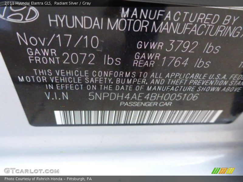 Radiant Silver / Gray 2011 Hyundai Elantra GLS