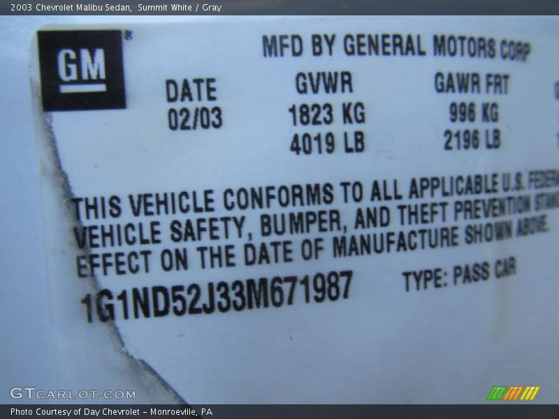 Summit White / Gray 2003 Chevrolet Malibu Sedan