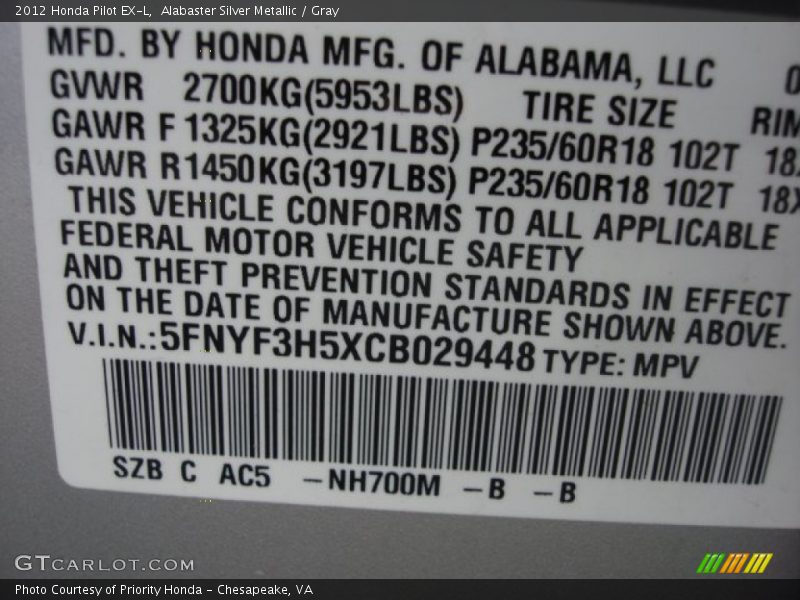 Alabaster Silver Metallic / Gray 2012 Honda Pilot EX-L