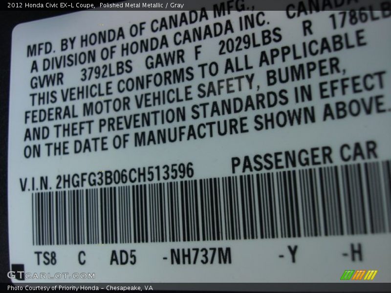 Polished Metal Metallic / Gray 2012 Honda Civic EX-L Coupe