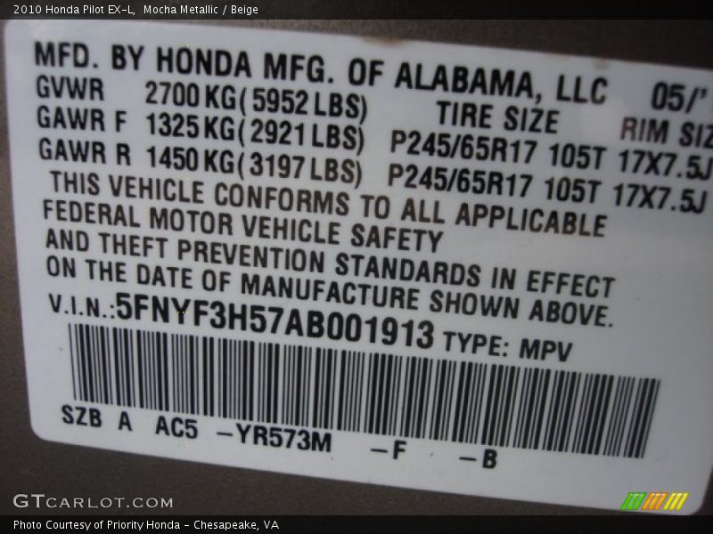 Mocha Metallic / Beige 2010 Honda Pilot EX-L