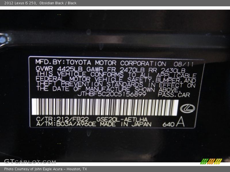 Obsidian Black / Black 2012 Lexus IS 250