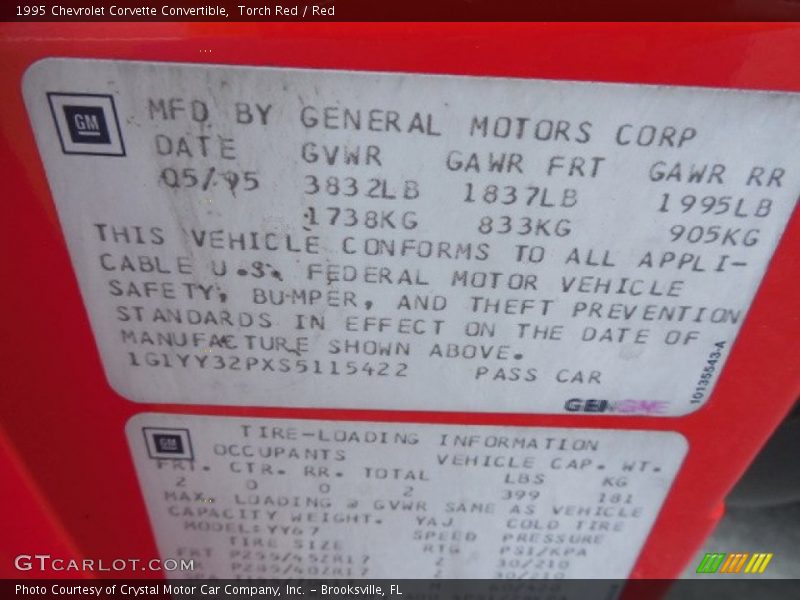 Info Tag of 1995 Corvette Convertible