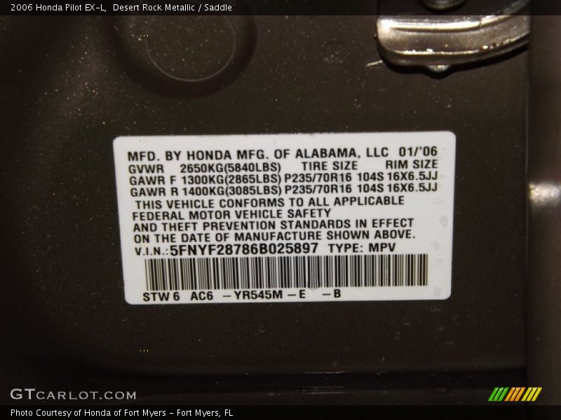 Desert Rock Metallic / Saddle 2006 Honda Pilot EX-L