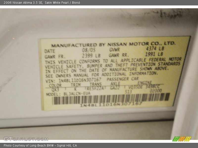 Satin White Pearl / Blond 2006 Nissan Altima 3.5 SE