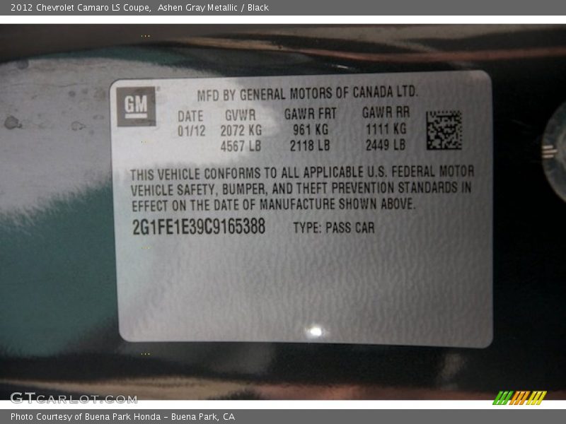 Ashen Gray Metallic / Black 2012 Chevrolet Camaro LS Coupe