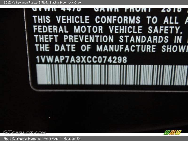 Black / Moonrock Gray 2012 Volkswagen Passat 2.5L S