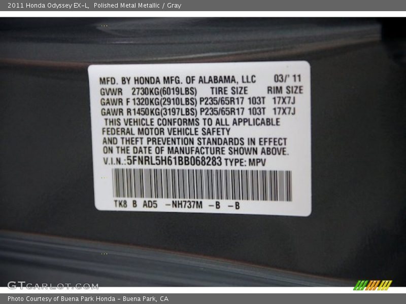 Polished Metal Metallic / Gray 2011 Honda Odyssey EX-L
