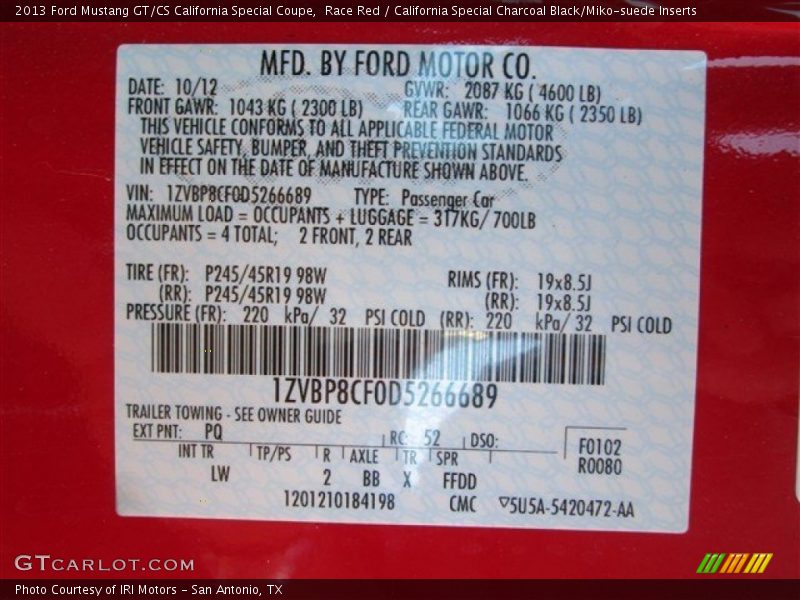 Race Red / California Special Charcoal Black/Miko-suede Inserts 2013 Ford Mustang GT/CS California Special Coupe