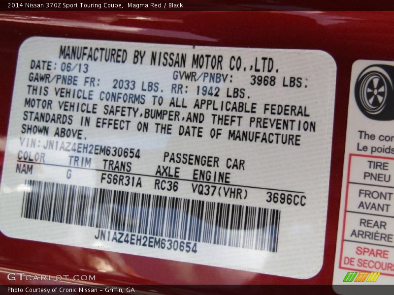 2014 370Z Sport Touring Coupe Magma Red Color Code NAM