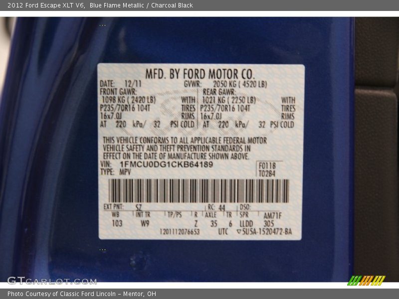 Blue Flame Metallic / Charcoal Black 2012 Ford Escape XLT V6
