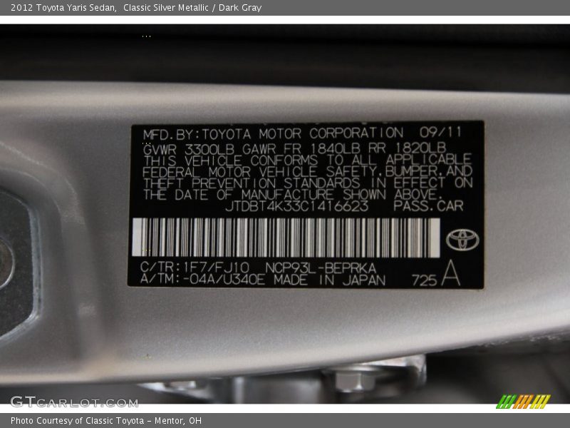 Classic Silver Metallic / Dark Gray 2012 Toyota Yaris Sedan