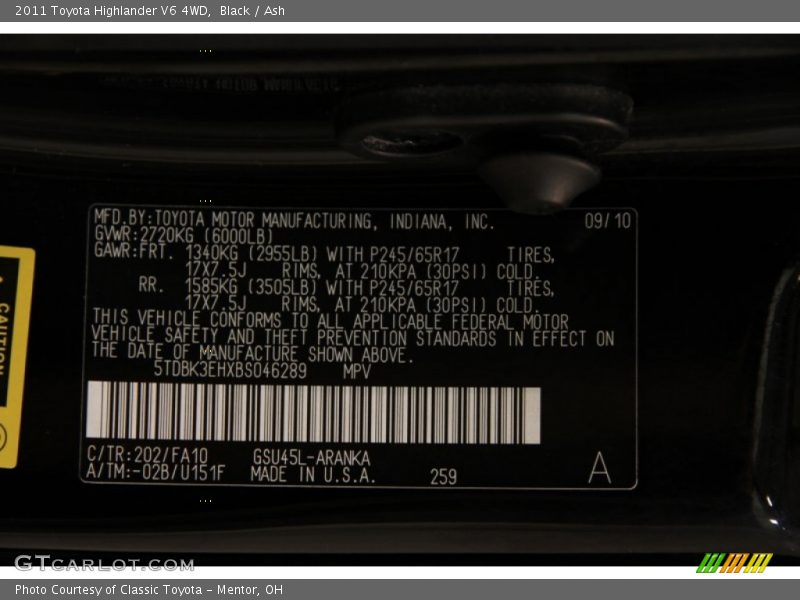 2011 Highlander V6 4WD Black Color Code 202