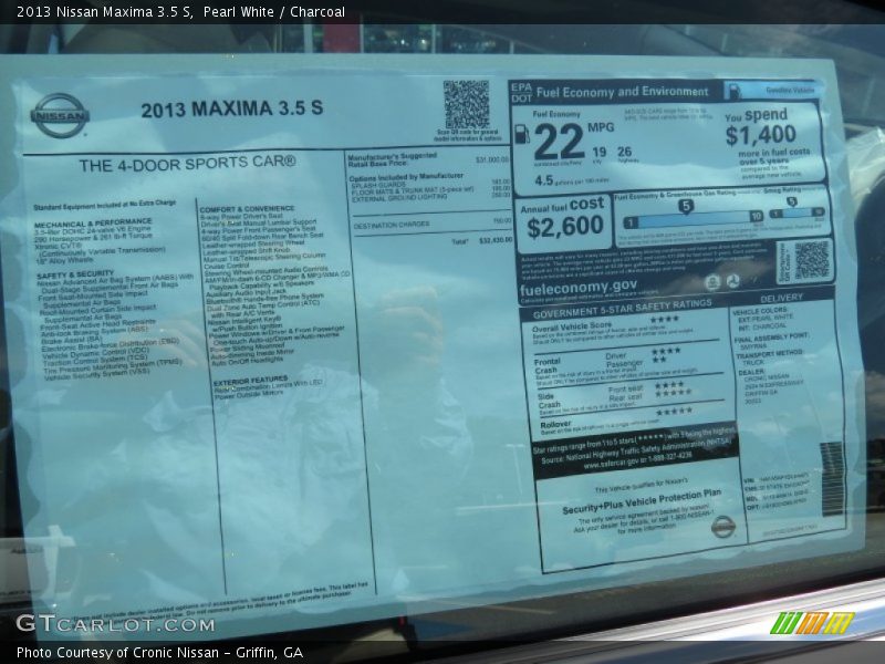 Pearl White / Charcoal 2013 Nissan Maxima 3.5 S