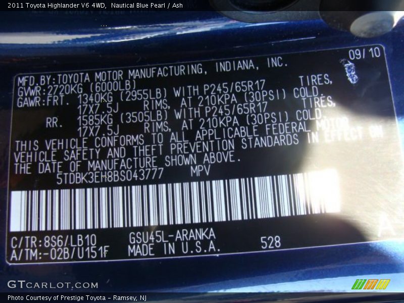 Nautical Blue Pearl / Ash 2011 Toyota Highlander V6 4WD