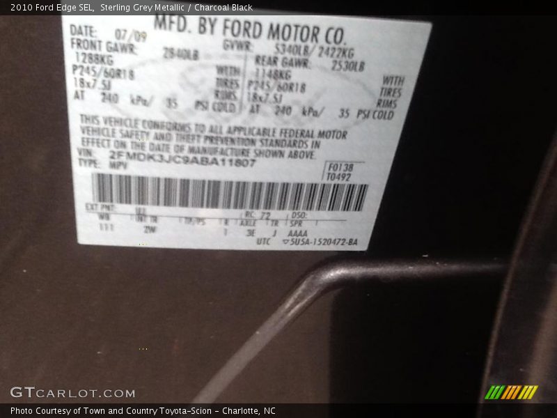 Sterling Grey Metallic / Charcoal Black 2010 Ford Edge SEL