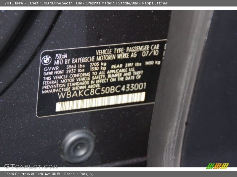 Dark Graphite Metallic / Saddle/Black Nappa Leather 2011 BMW 7 Series 750Li xDrive Sedan