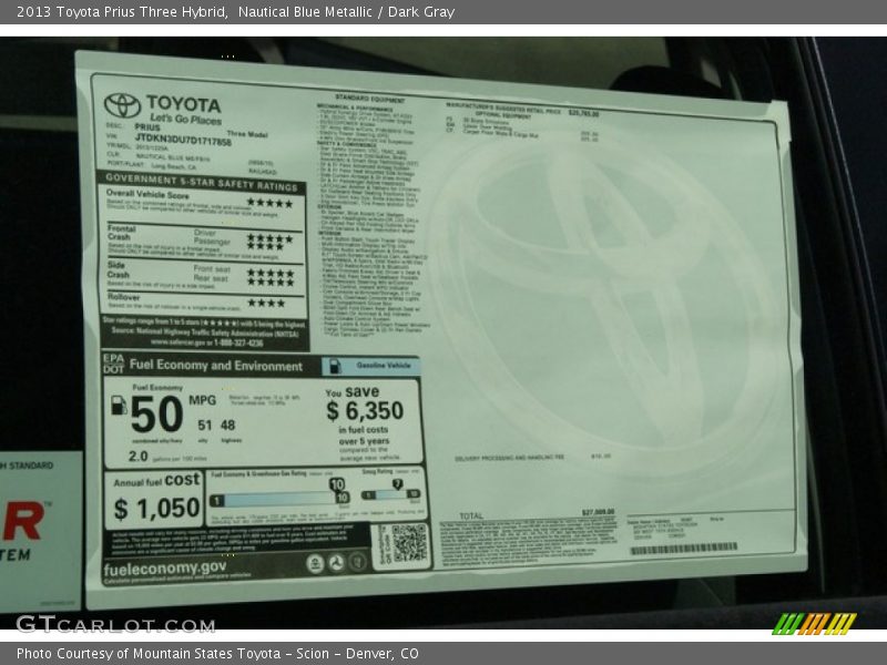 Nautical Blue Metallic / Dark Gray 2013 Toyota Prius Three Hybrid