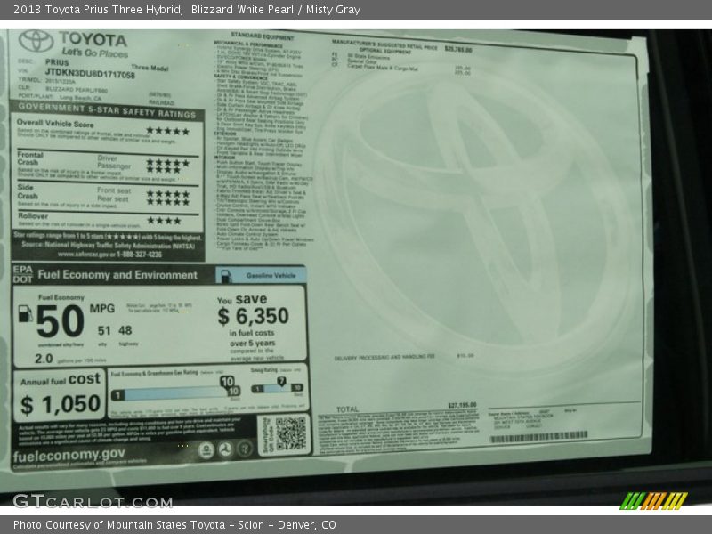 Blizzard White Pearl / Misty Gray 2013 Toyota Prius Three Hybrid