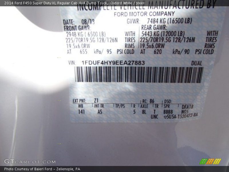 2014 F450 Super Duty XL Regular Cab 4x4 Dump Truck Oxford White Color Code Z1