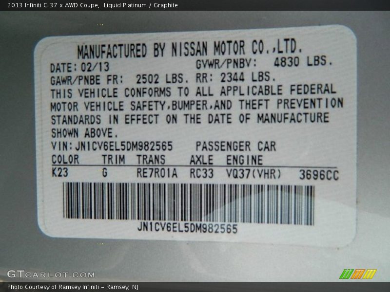 2013 G 37 x AWD Coupe Liquid Platinum Color Code K23