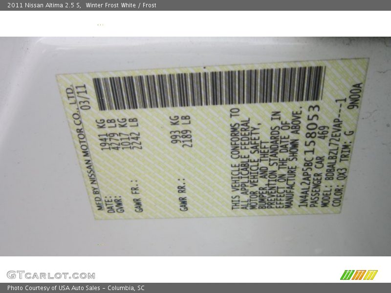Winter Frost White / Frost 2011 Nissan Altima 2.5 S