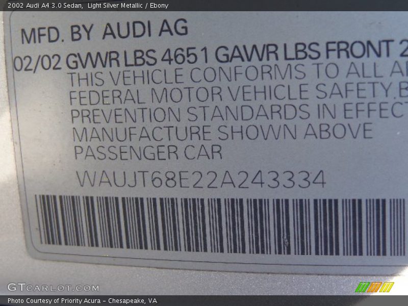 Light Silver Metallic / Ebony 2002 Audi A4 3.0 Sedan