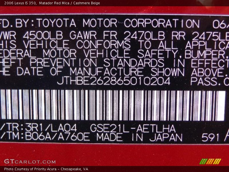 Matador Red Mica / Cashmere Beige 2006 Lexus IS 350