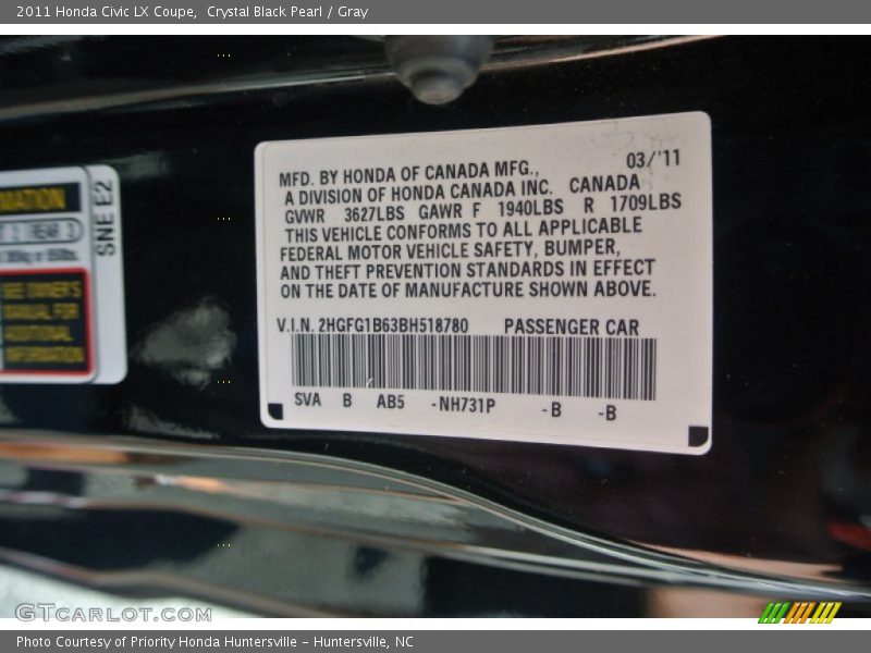 Crystal Black Pearl / Gray 2011 Honda Civic LX Coupe