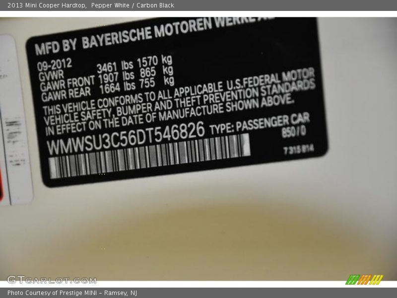 Pepper White / Carbon Black 2013 Mini Cooper Hardtop